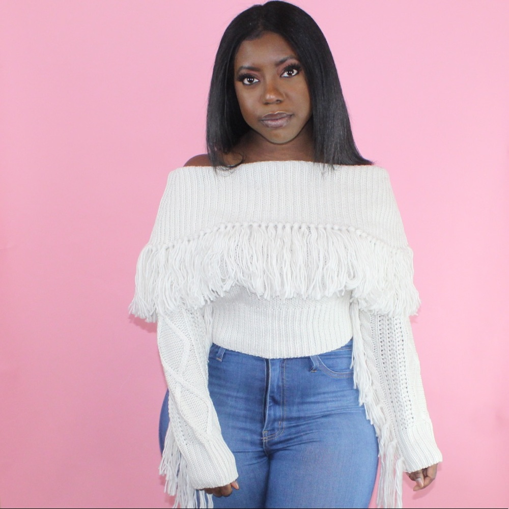 White Fringe Crop Sweater - Picture 6 of 8